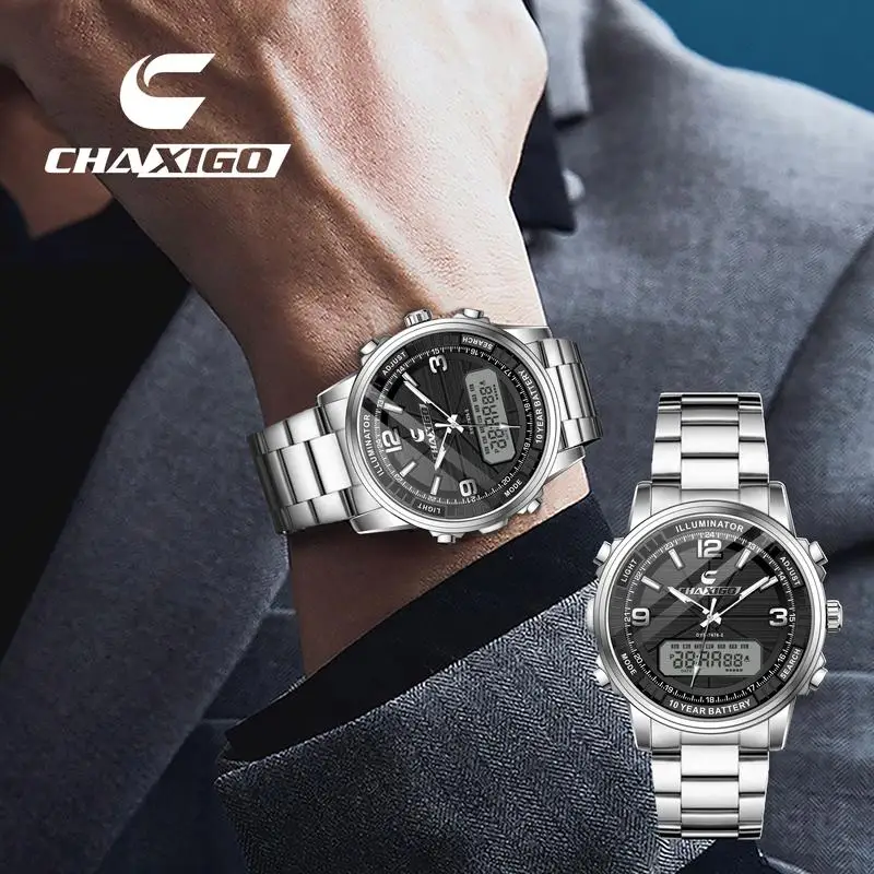 

CHAXIGO Роскошные цифровые часы мужские деловые часы со светодиодным дисплеем светящиеся часы из нержавеющей стали водонепроницаемые мужские часы 7476-2