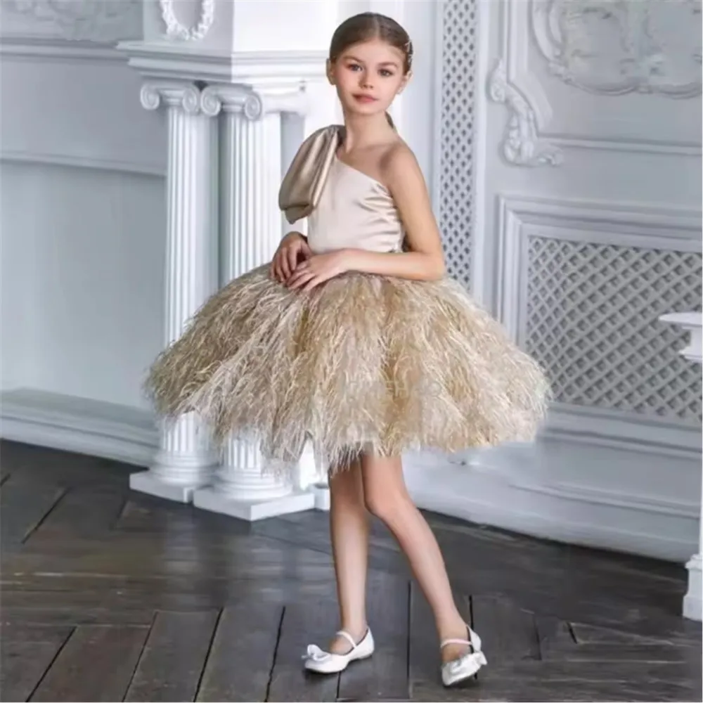 

Elegant Sleeveless Big Bow Flower Girl Wedding Dress Luxury Feather Princess Birthday Party Dress Kids Communion Ball Gown