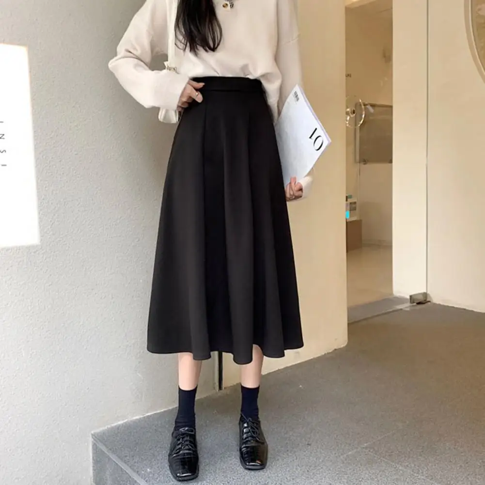 Breathable Skater Skirt Elegant High Waist A-line Midi Skirt for Office Ladies Solid Color Hem Commuting Style for Women