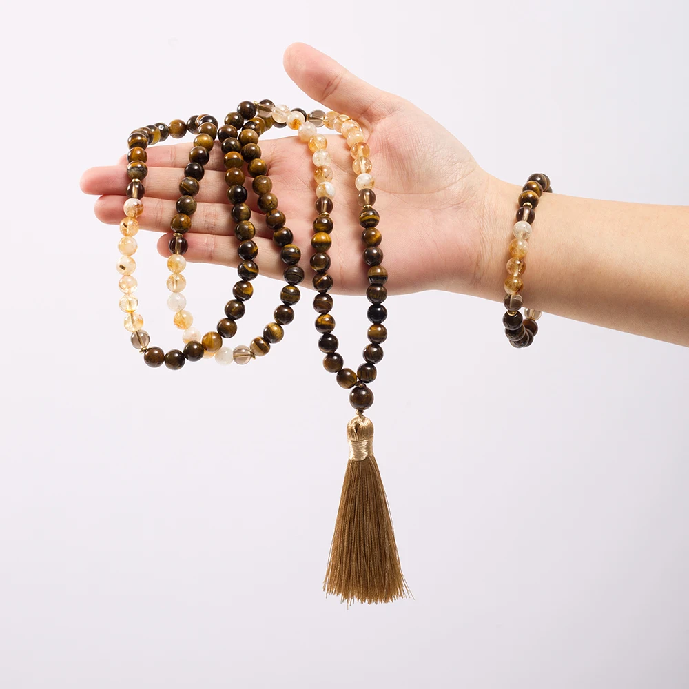 8mm Citrine Yellow Tiger Eye Beads 108 Mala Necklace Meditation Prayer Jewelry Japamala Set Rosary view 5