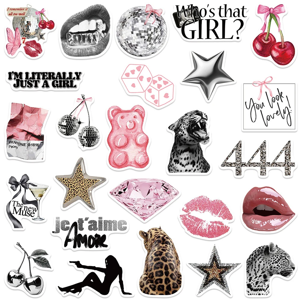 

10/30/50pcs INS Style Silver Lucky Girl Stickers Retro Y2K Aesthetic Decals Decoration Suitcase Laptop Phone Cool Sticker Pack