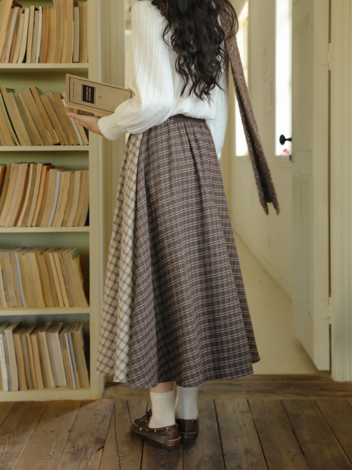 

Двусторонняя юбка-миди в клетку с высокой талией Nesoulum для женщин, зимняя, винтажная, цвета кофе с просом, удлиненная