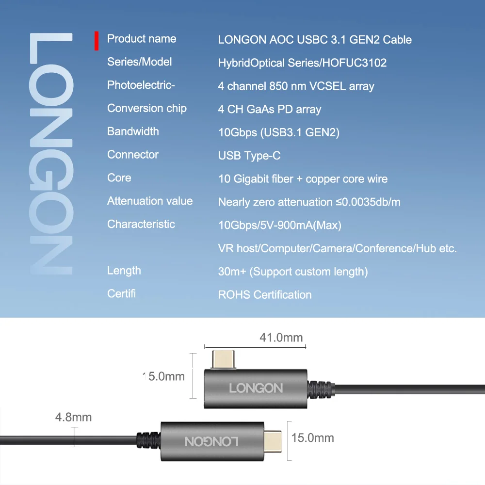 Imagem -06 - Longon-cabo de Fibra Óptica Ativo Usb tipo c Gen2 10gbps para Oculus Quest2 Logitech Câmera Hub Cabo de Videoconferência 15m