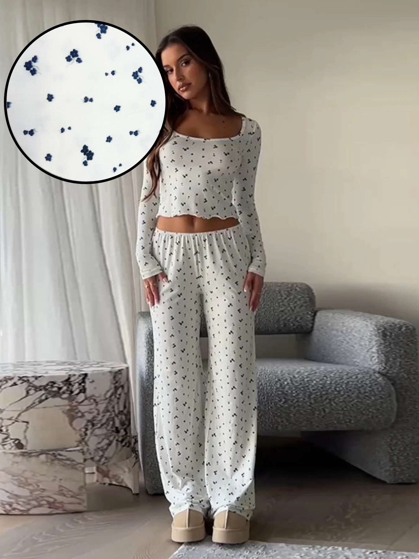 

Осенне-зимний женский пижамный комплект с цветочным принтом, топ с высокой талией и длинными рукавами и брюки, облегающая стильная домашняя одежда