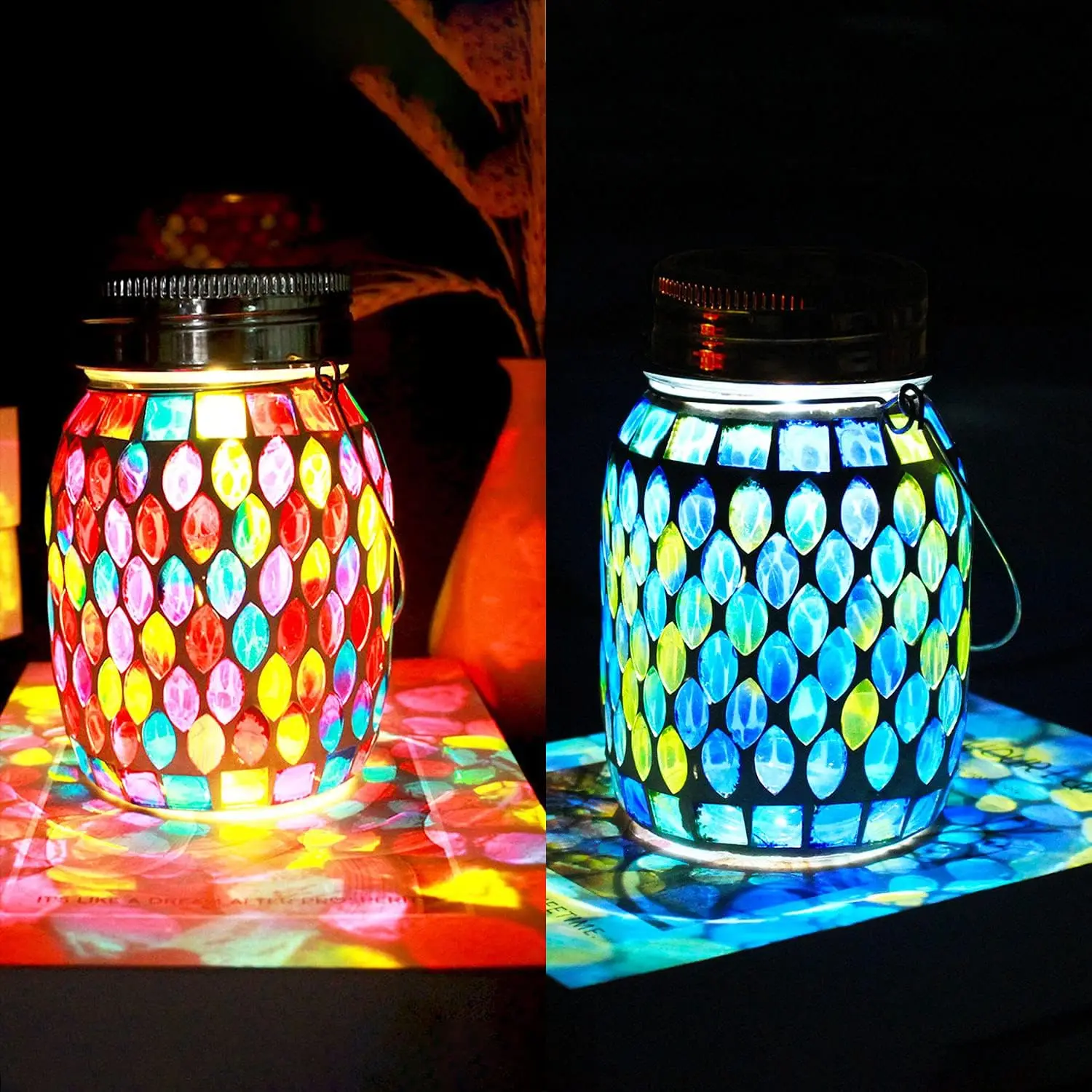 

Solar Outdoor Mosaic Lantern Waterproof Hanging Garden Projection Mason Jar Light Home Table Night Light for Patio Party Yard