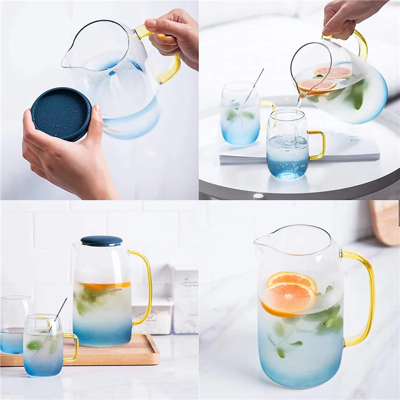 

RR-2X Glass Pitcher With Lid,Lemonade Pitcher,Tea Pitcher,Borosilicate Glass Carafe,For Hot And Cold Water,Drinks,Wine,Tea