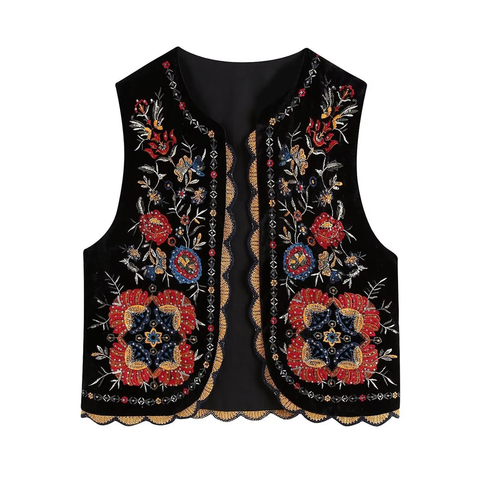 

Combhasaki Women's Y2K Vintage Velvet Vest Sleeveless Open Front Frills Trim Flower Embroidery Outwear Gilet for Casual Street