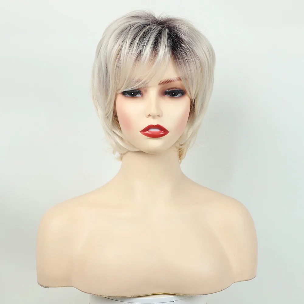 Fashion Women Synthetic Blonde Pixie Cut Wigs Short Straight With Bangs Wig Daily Use Or Party Cosplay Heat Resistant Fiber Hair