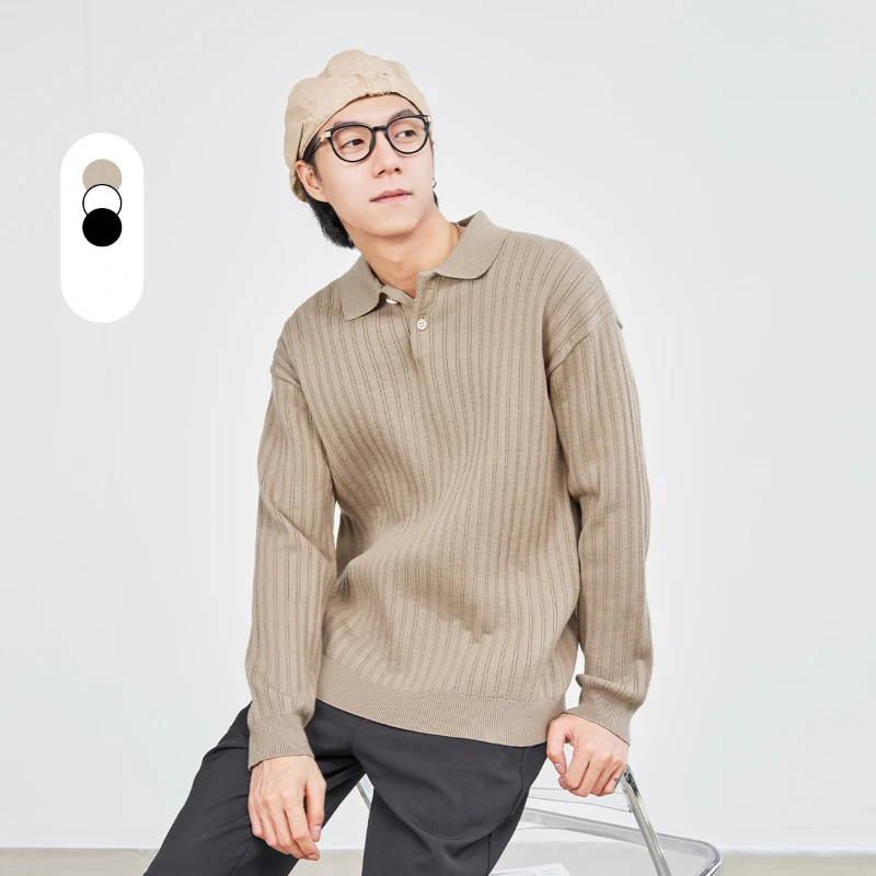 

AutumnWinter Sweater Men Turn-Down Collar Striped Solid Long Sleeves Pullover Simple Causal Unisex Couple Korean Top Man Clothes