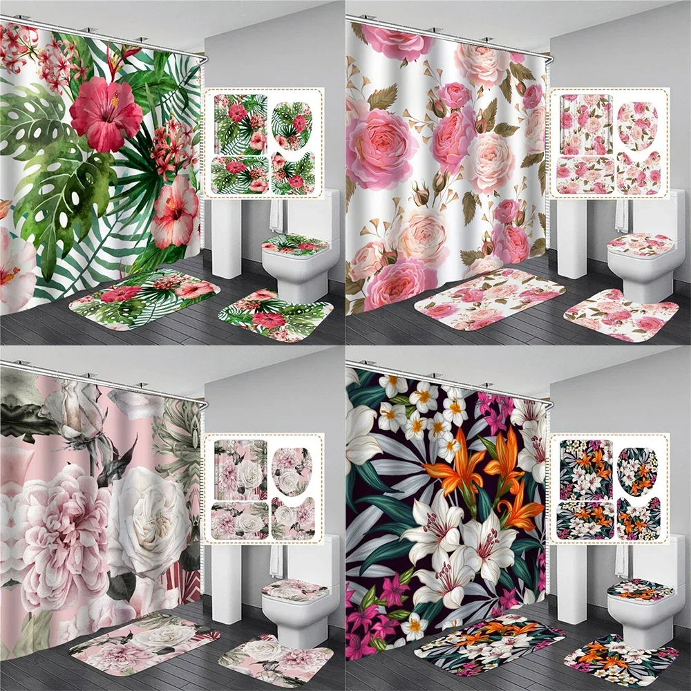 Big Flowers Elegant Pink Rose Green Leaves Waterproof Shower Curtain Anti Slip Toilet Lid Mat Set High Quality Bathroom Rugs