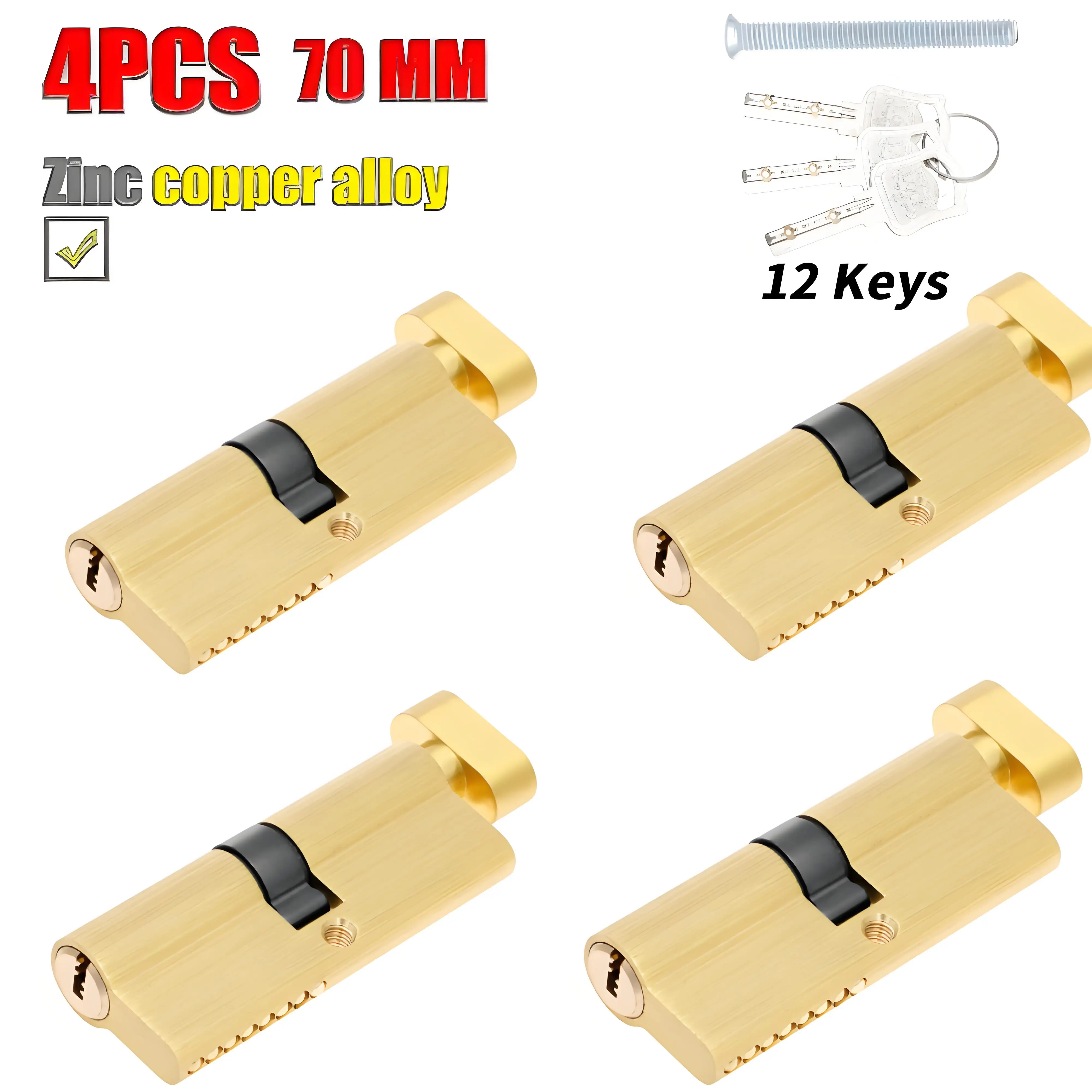 

4Pcs Family Anti-theft Solid Brass Lock Cylinder Rustproof Barn Door Lock Safe Brushed Brass Cylinder Bolt Effective Protection