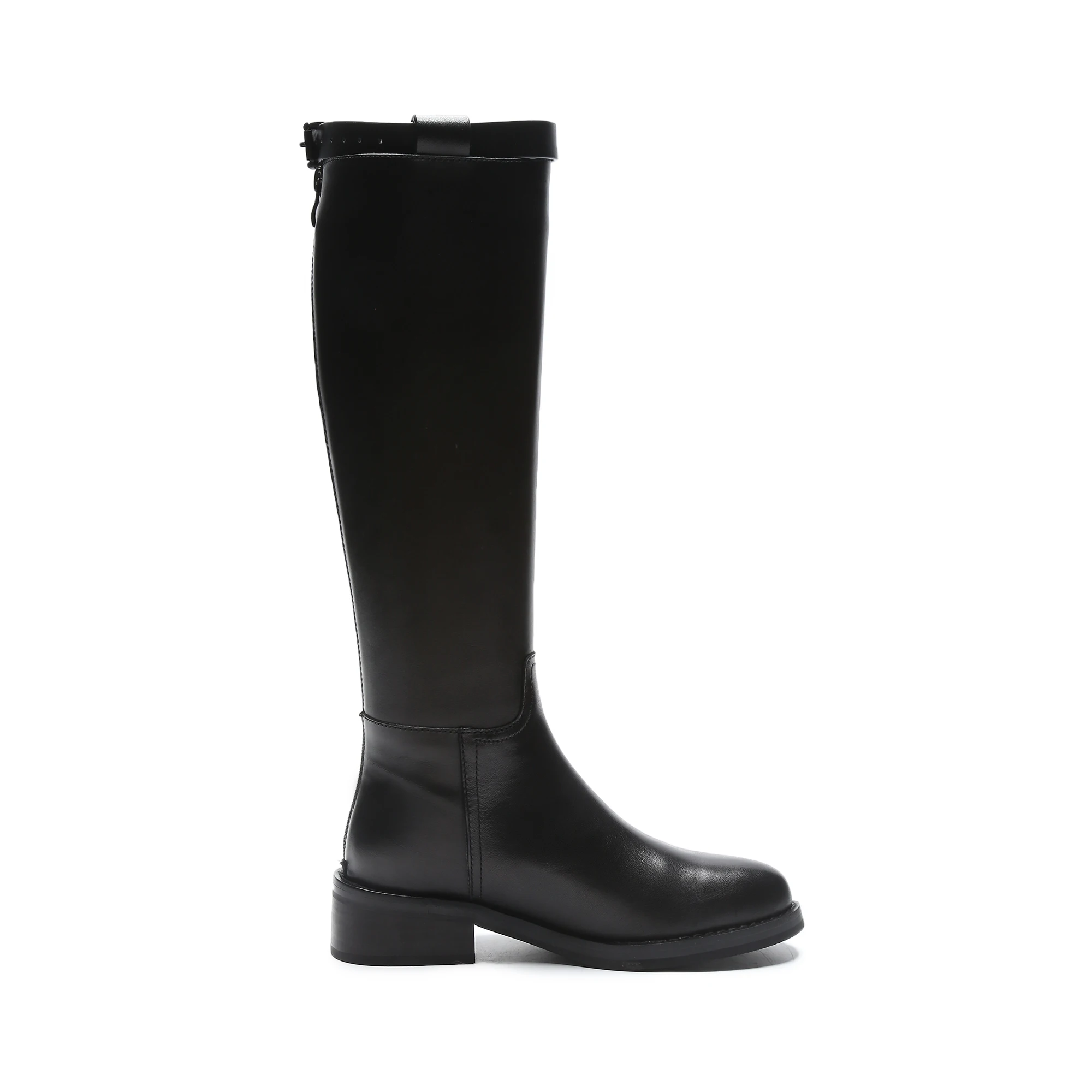 High Street Big Size Black Colors Genuine Leather Med Heels Western Riding Boots Round Toe Brand Luxury Zipper Knee-high Boots