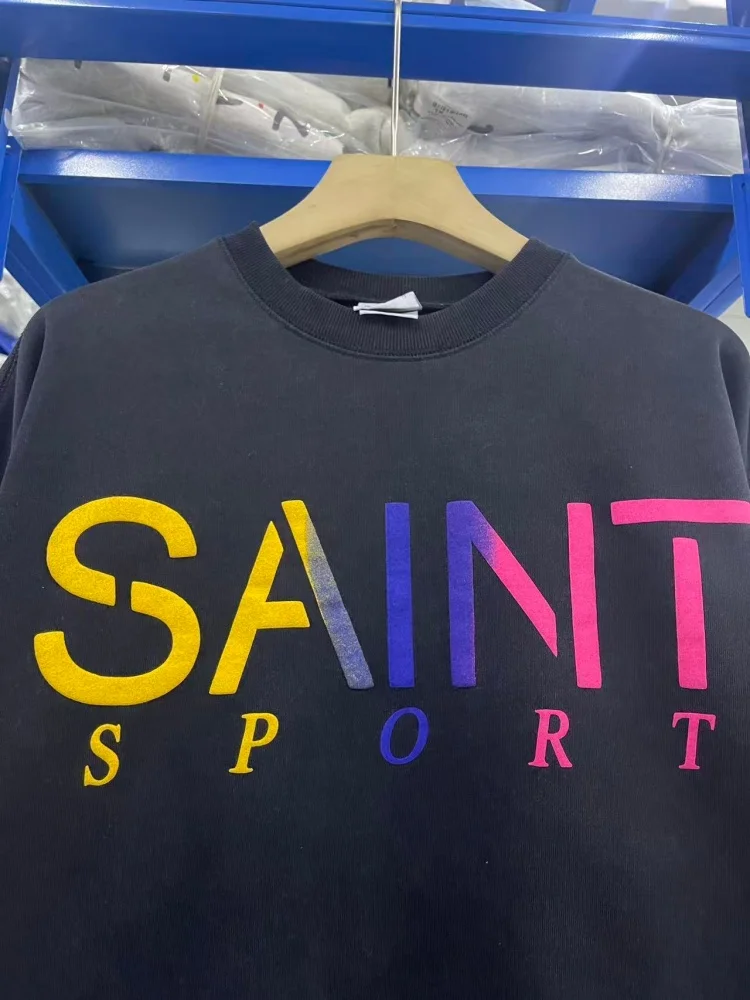 Saint Simple 컬러풀 레터 프린트 남성용 후드티 루즈핏 라운드넥 캐주얼 스웨트셔츠