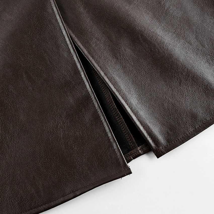 Linad Street Chic Brown PU Split Skirts Women 2026 Fashion Slim High Waist Straight Skirts Casual Knee Length Skirt Female Fall