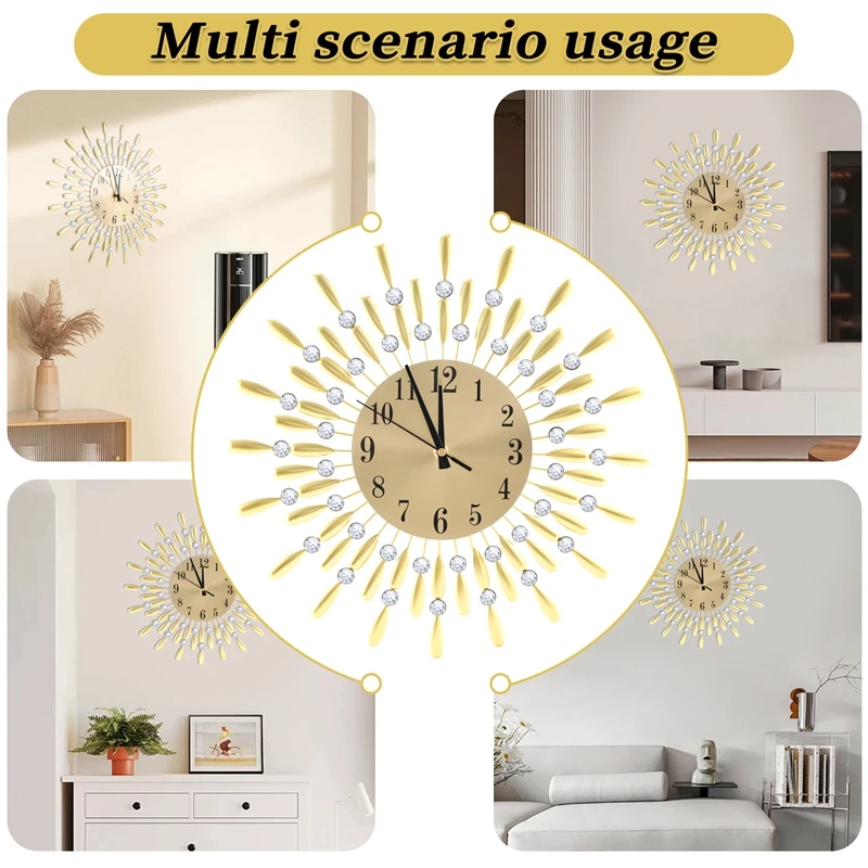 15 Inch 3D Large Wall Clock Shiny Rhinestone Sun Style Modern Living Room Decor