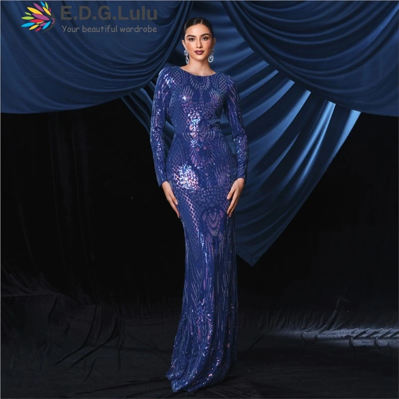 

EDGLuLu 2024 Spring Print Blue Glitter Party Long Dresses For Women Round Neck Long Sleeved Floor Length Elegant Dress 0721