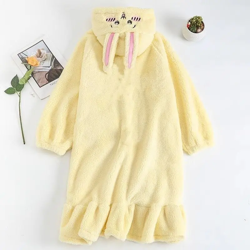 Kawaii Chiikawa Usaki Pajamas Anime Cartoon Plush Nightgown Women\'s Winter Warm Cute Coral Fleece Thickened Loungewear Set Gifts