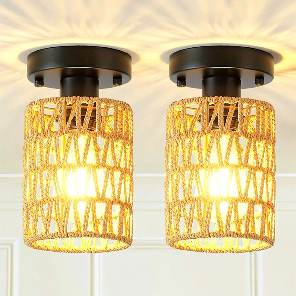 Elegant Woven Rattan Ceiling Lamp Farmhouse Flush Mount Fixture Bedroom Living Room Rustic Interior Home Lighting
