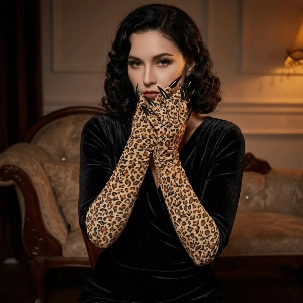 Funny Long Sleeve Leopard Pattern Gloves Personality Stretchy Ghost Claw Mittens Creative Stretch Halloween Gloves Party