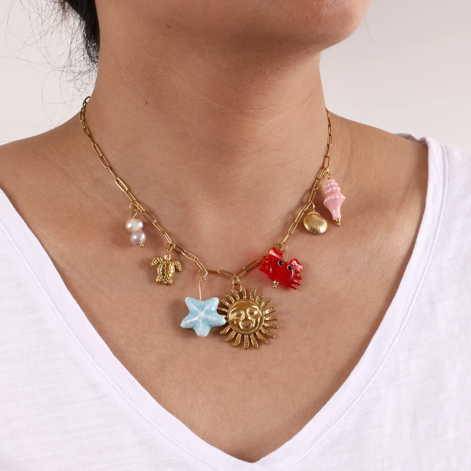 Hot Summer Sun Necklace For Beach Jewelry Stylish 18K Real Gold Plated Stainless Steel Marine Animal Women Pendant Necklace 42cm