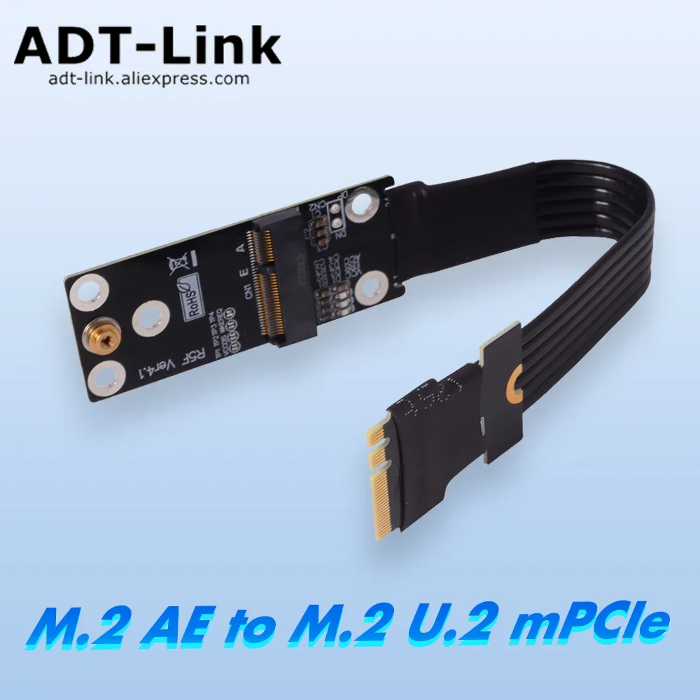 ADT M.2 Key A.E. WiFi SSD Adapter Riser Card - Flexible Flat Cable PCI-E 3.0/4.0 Converter for M.2 NVMe mPCIe U.2 SSD Extension