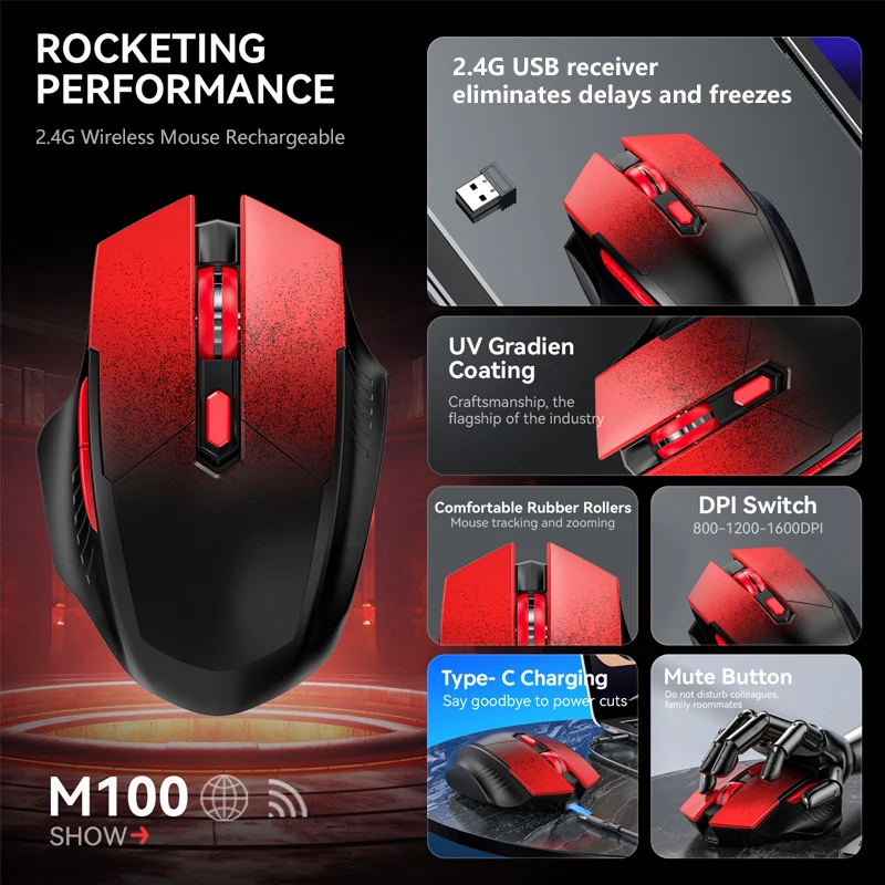 Warvank M100 2.4G Wireless Mouse Rechargeable Type-C Charging Port Office Mute Gaming Mouse Support Desktop Computer Laptop