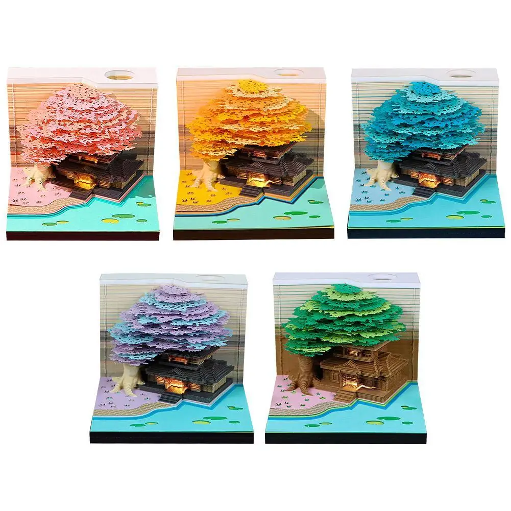 

3D Notepad Calendar 2025 Paper Block Tree With House 3D Memo Pad Treehouse With Light Note Cube With Pen Holder Office Decor