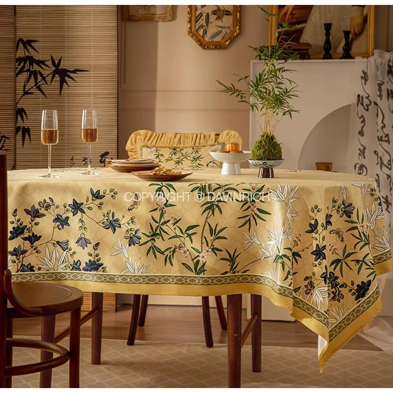 DAVINRICH Autum Orchid Flowers Bamboo Decorative Table Cloth Superior Quality Velvet Tablecloth Orientalism Style Home Decor