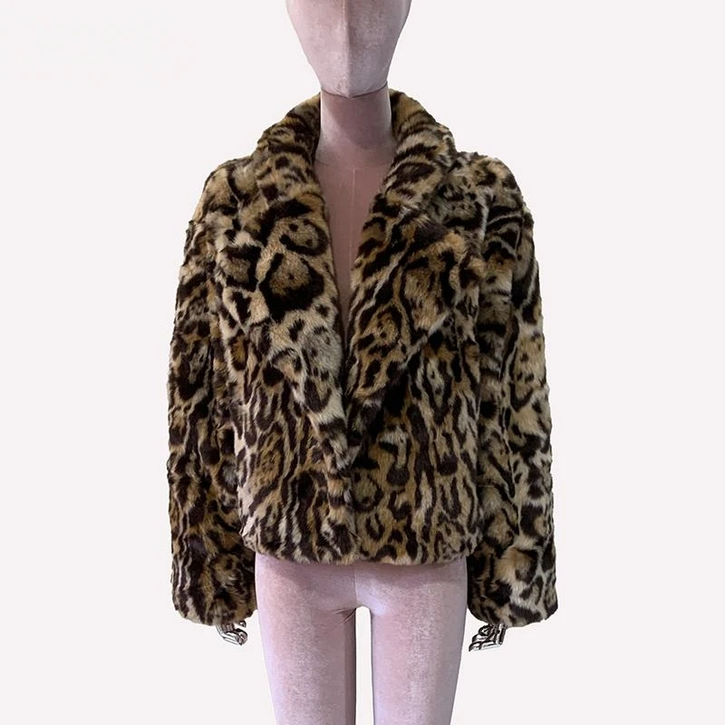Nerazzurri Short Loose Fit Long Sleeve Women's Faux Fur Coat Leopard Print Eco-Friendly Synthetic Leather Warm Outerwear