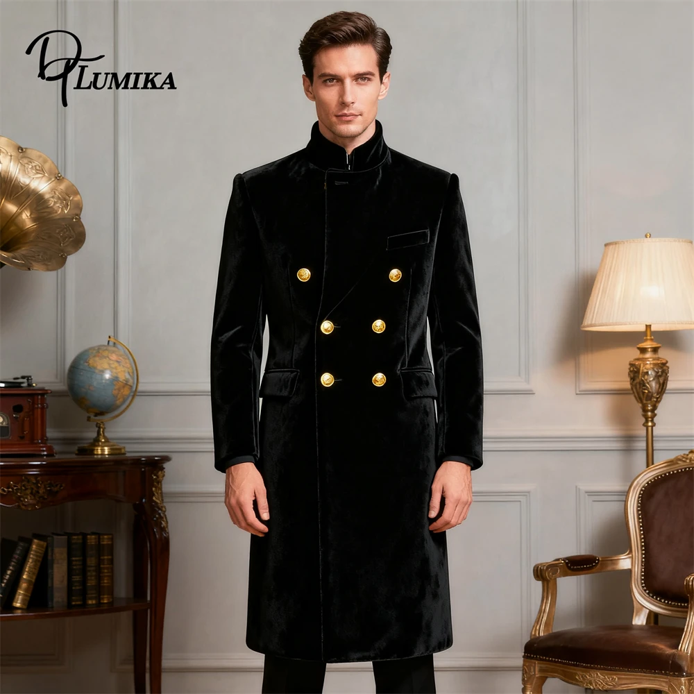 

DTLumika- Double Breasted Long Velvet Suit Coat for Men XS-7XL Plus Men Customized Suit Coats Many Colors Stand Collar Jacket