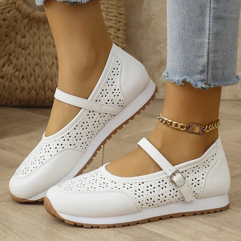 

Women Shoes White Hollow Out Platform Sneakers 2025 Plus Size 36-43 Breathable Sports Shoes Woman Comfort Non Slip Walking Flats
