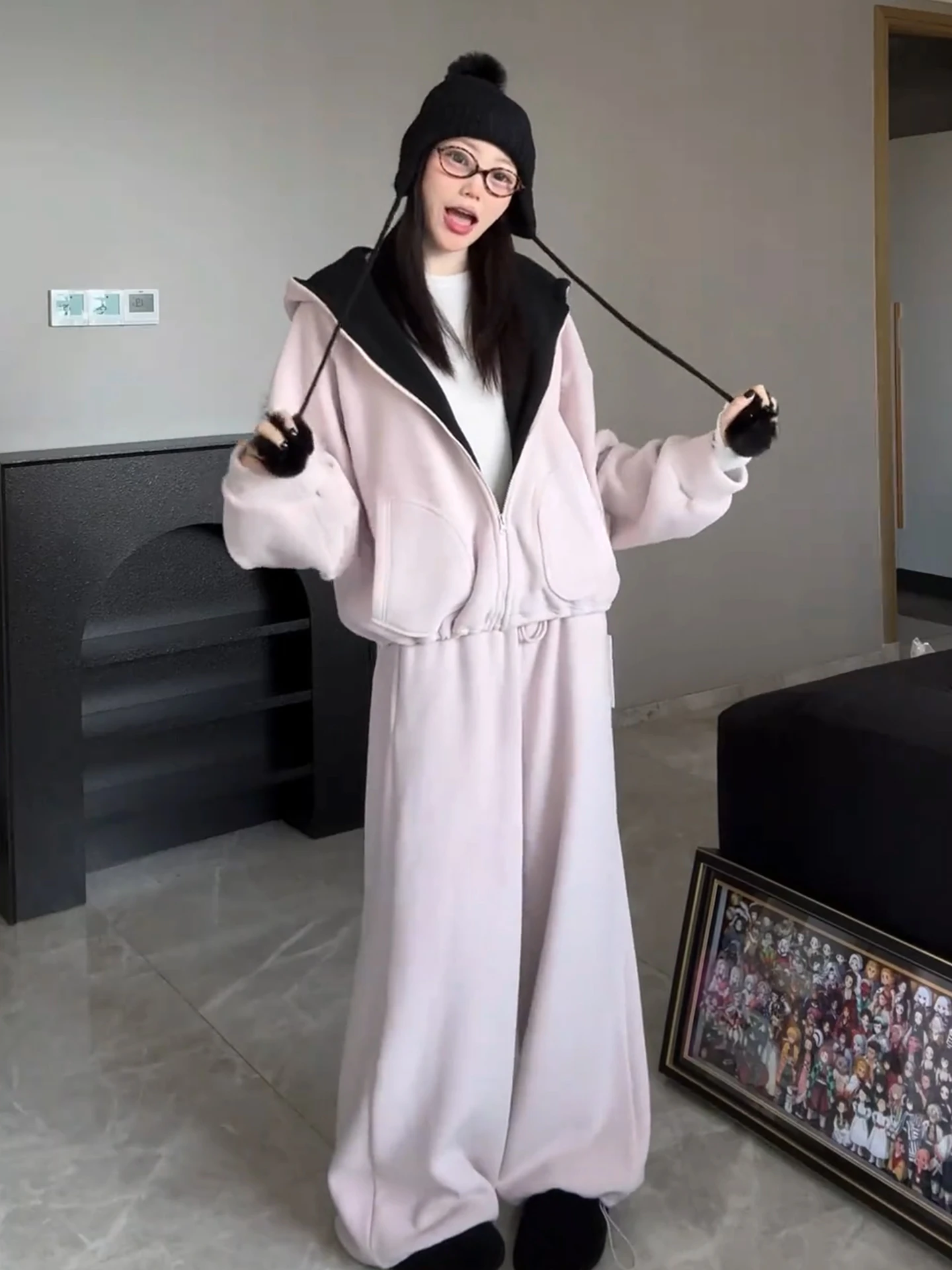 

Корейский повседневный женский модный комплект: милый худи с длинными рукавами и брюки, весенне-осенняя одежда из хлопка и полиэстера