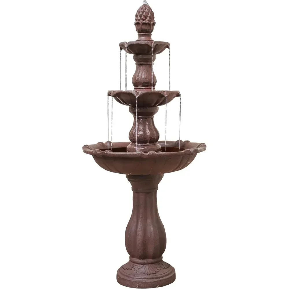 3-Tier Freestanding Waterfall Fountain w/Pump & Pineapple Top, 51 Inch Tall, Brown, Large Outdoor Garden Fountain