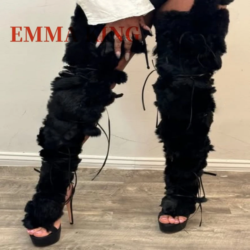 Faux Fur Wrap Cross Tied Platform Sandals Women's Sexy Open Toe Furry Gladiator Sandals Ladies Luxury Design Dress Party Shoes view 3