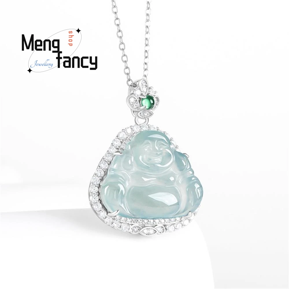 

Elegant Natural A-goods Jadeite Blue Water Buddha S925 Silver Inlaid Ice Jade Pendant Exquisite Fashion Luxury Quality Jewelry