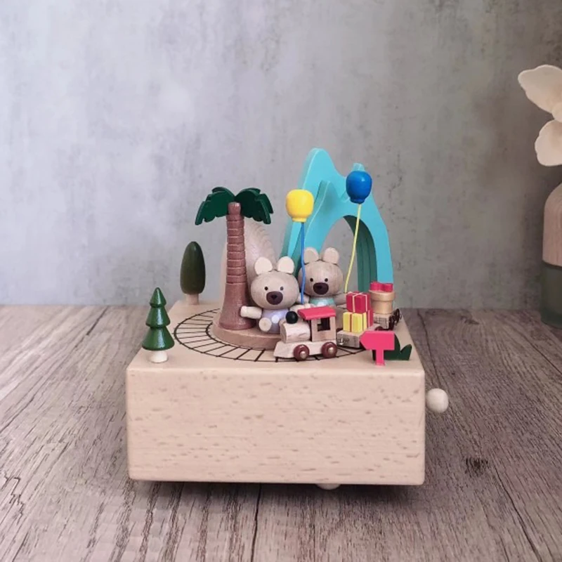 Little Bear Train Wooden Music Box Wooden Micro Landscape Creative Music Box DIY Handmade Rotating Christmas Birthday Gift