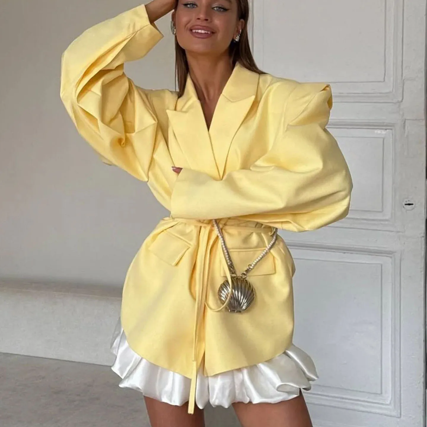 

New Autumn Women's Commuter Sle One Button Knot Belted Long Sve awl Collar Tailored Outerwear Polyester Fiber