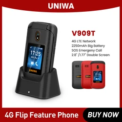 Uniwa V 909T 4G Flip Telefoon Dual Screen Enkele Nano Mobiele Telefoon Grote Drukknop Mobiele Telefoon Voor Ouderen 2250Mah Russisch Toetsenbord