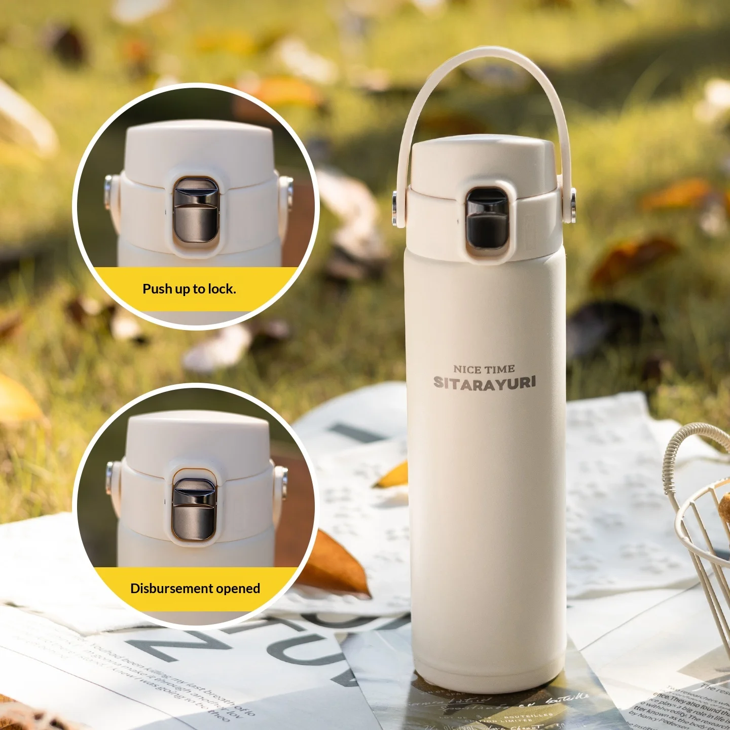 500ml Push Button Insulated Water Bottle With Easy Open Hand Carry Loop Stainless Steel Thermos For Office Gym Travel Outdoor