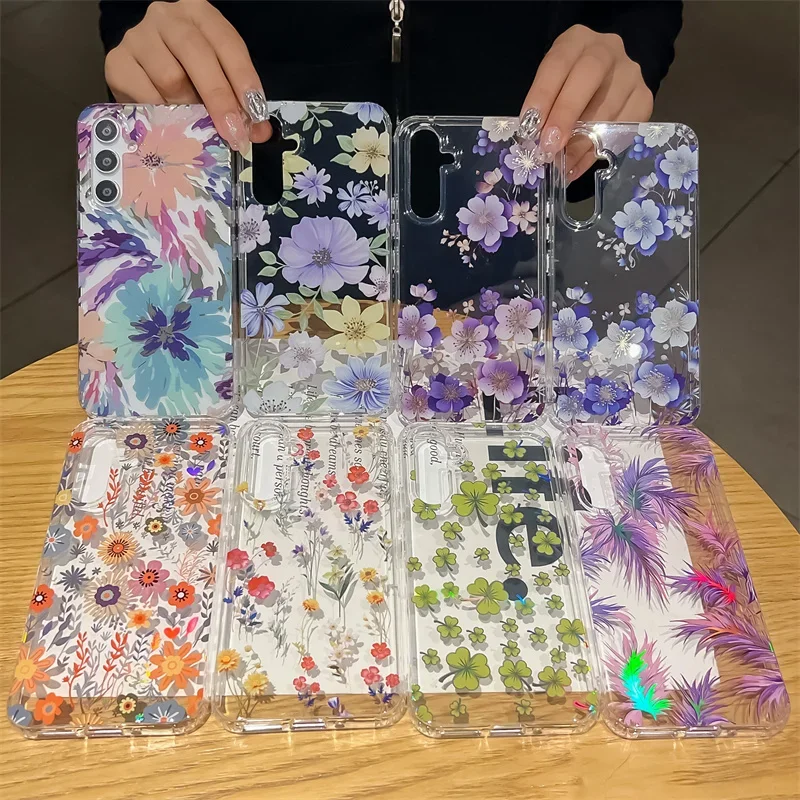 Glitter Laser Flower Hard PC Case For Samsung Galaxy S24 S23 FE S22 Plus Ultra A15 A55 A35 A54 A34 A24 A14 A53 A23 A13 A52 Cover