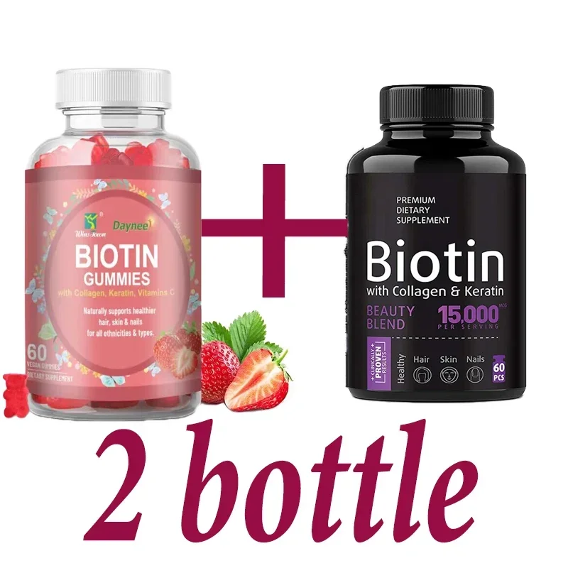 

1 Bottle Biotin Gummies and 1 Bottle Biotin Hair Nail Capsules Premium Dietary Supplement with Collagen Keratin Naturally