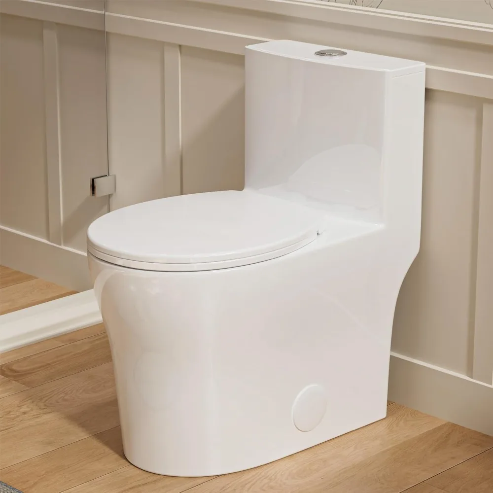 

Compact One Piece Toilet for Small Bathroom, Round Modern Skirted Toilet with Soft Close Seat, Space Saving, 12'' Rough-in