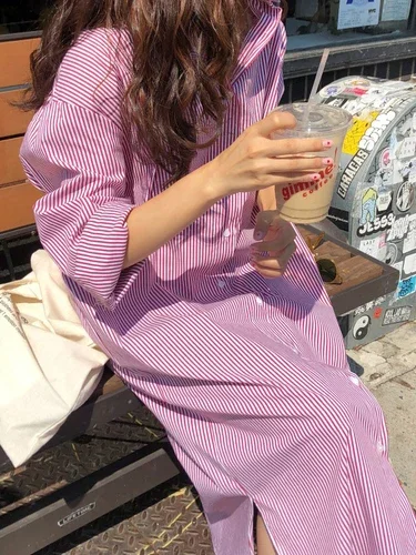 

Women's Collar Single Button Striped Loose Fit Meat Covering Maxi Dr Korean Sle Oversize Long irt Dr