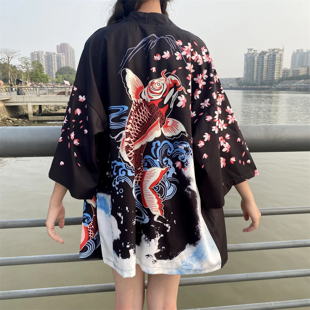 

Traditional Haori Obi Belt Men Asian Clothing Summer Beach Women Cardigan Kimono Japanese Style Carp Print Cosplay Shirts Yukata