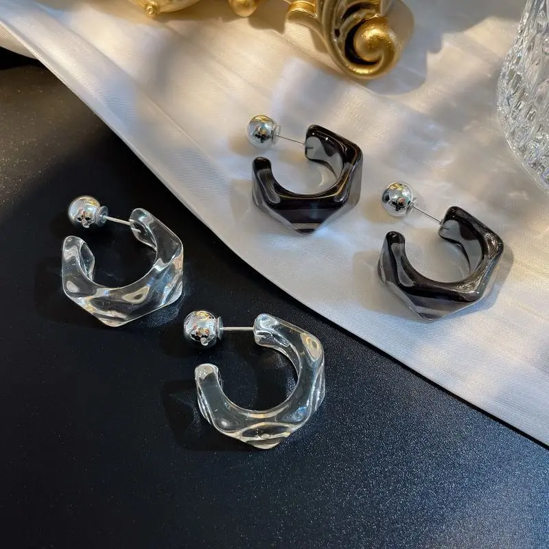 Trendy Acrylic C Shape Earrings for Women Metal Bean Double Layer Drop Earrings Party Unique Design Geometry Jewelry White Blue