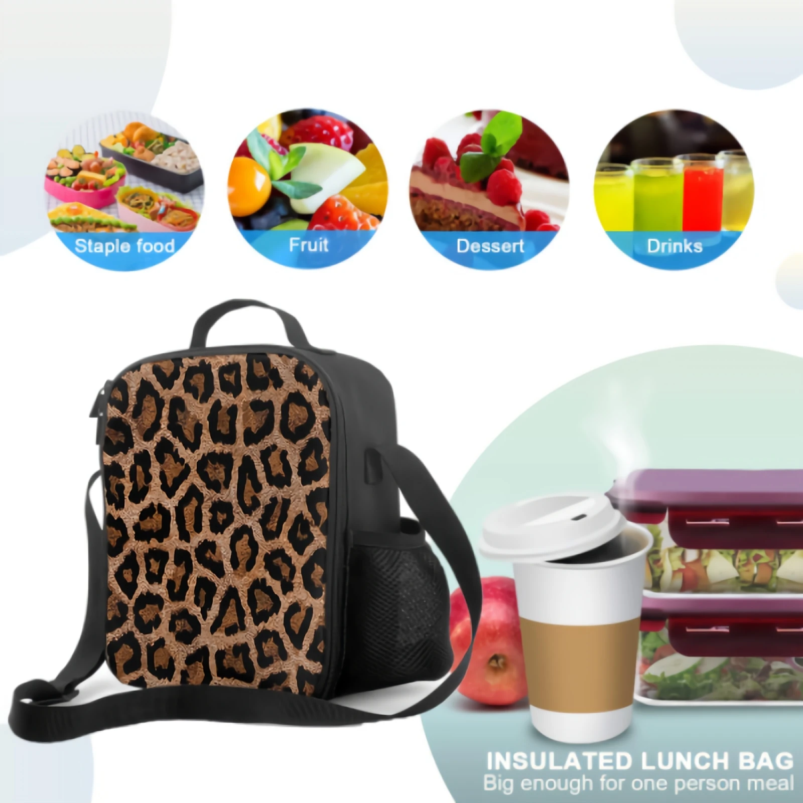 Brown Leopard Print Insulated Thermal Lunch Bags Washable Tote Crossbody Lunch Container Food Carrier for School Travel Work