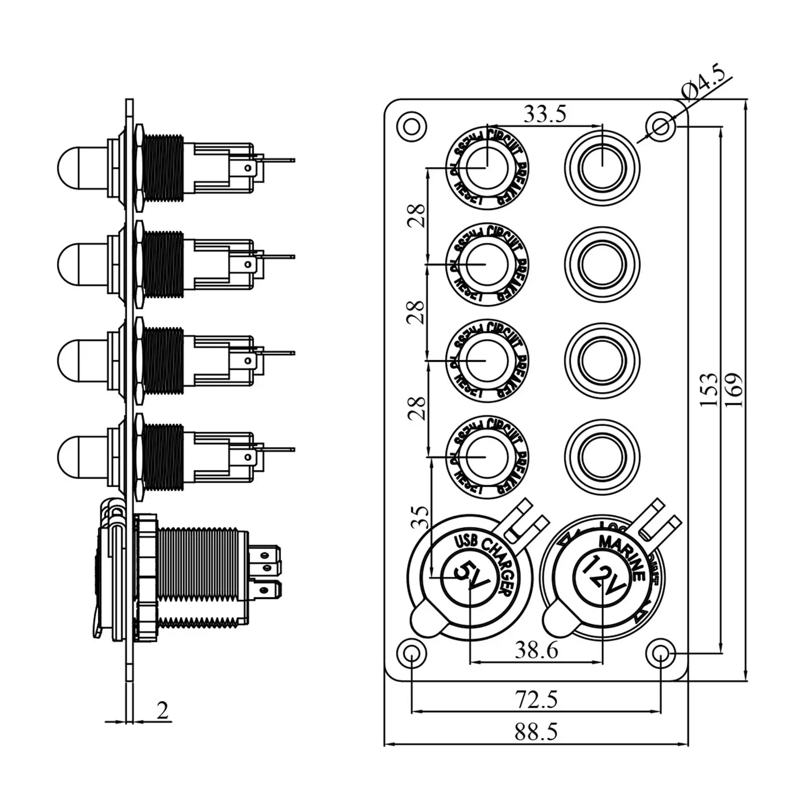 

4 Ways Rocker Switch Panel 4.8 Amp Dual USB Off Switch for Boats Rvs