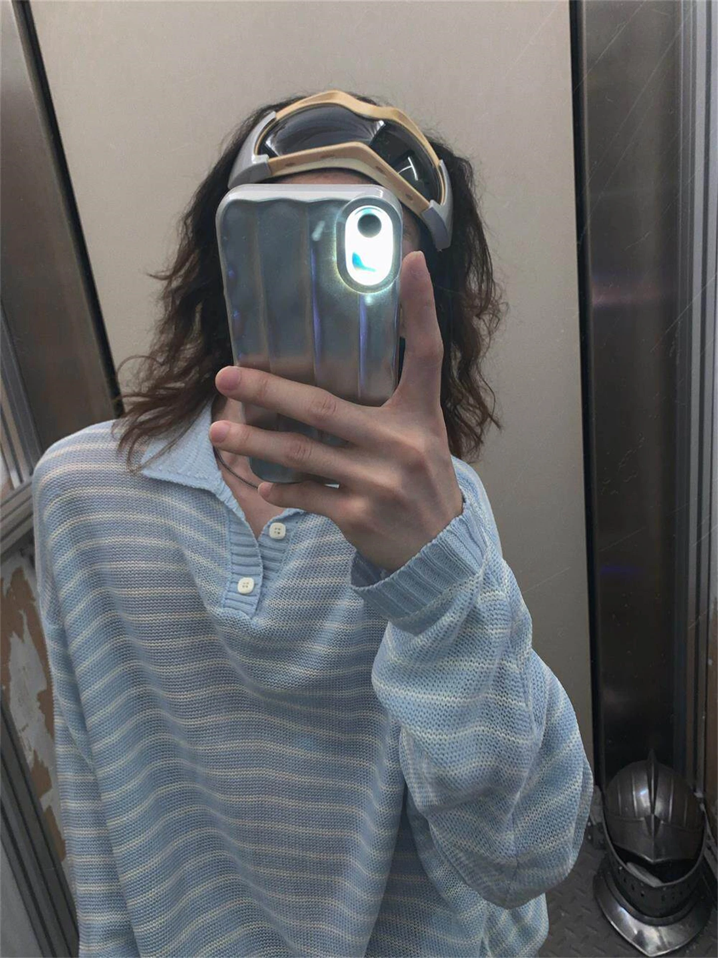 Light Blue Long Sleeve Knitted  Shirt Men Women Spring Summer Breathable Loose Striped Cover up T-Shirt Clean Fit Style