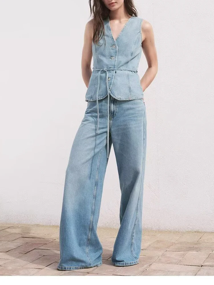 

European style new women's fashion temperament V-neck sleeveless waist denim vest high waist trousers suit