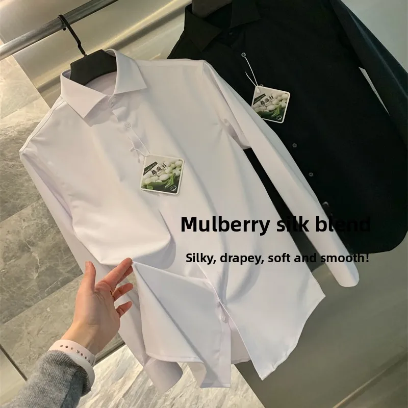 

Ele Long Sve Pure Color irt Men's High-end Silk Fabric Wior Collar Spring Season Regular Fit Youth Faion